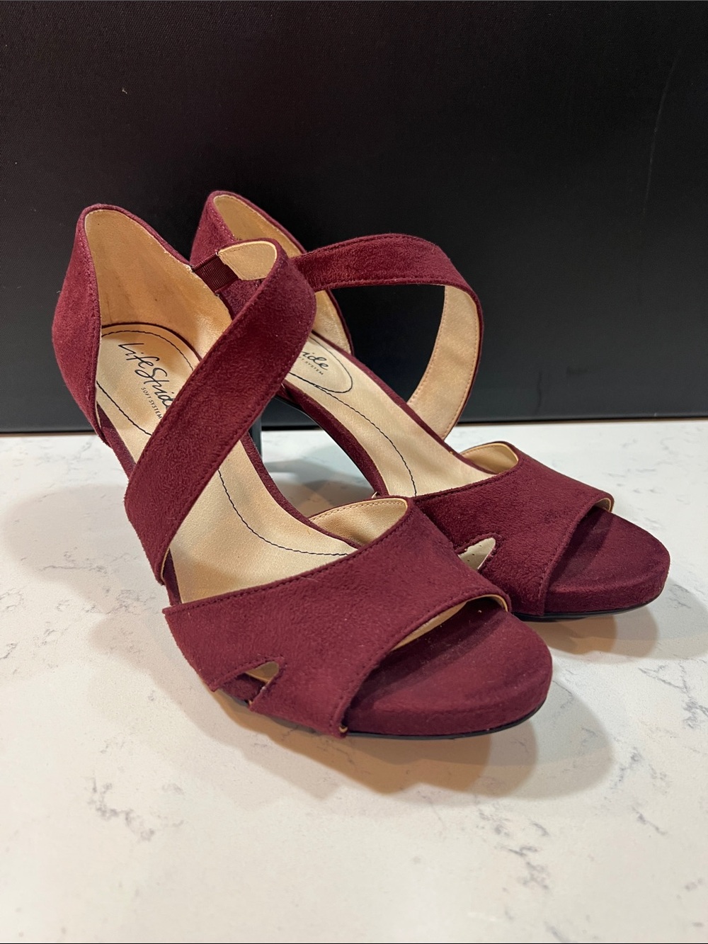 LifeStride Mega High Heel Dress Sandals Burgundy Faux Suede Size 9M